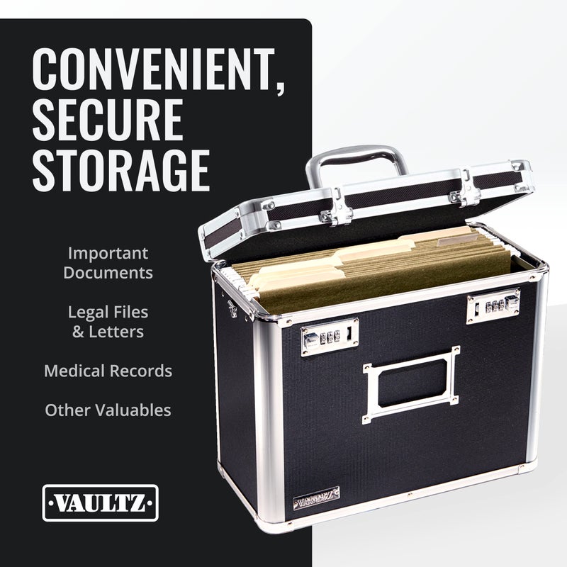 Vaultz File Organizer Storage Box - 14 x 7 x 12.19 Inch Letter Size, Portable Locking Storage Totes with Dual Combination Locks for Filing Office Documents - Black - Image 3